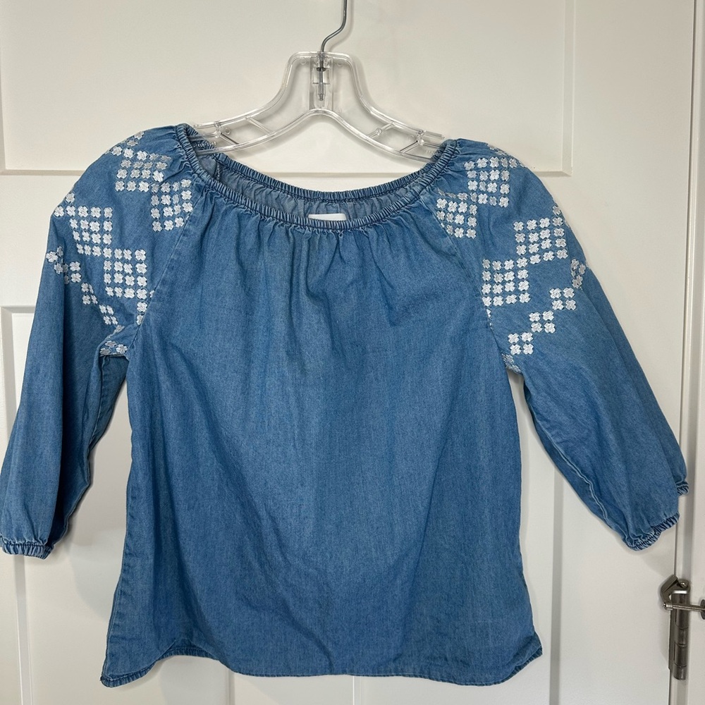 Old Navy Girls Chambray Peasant Top L (10/12) Embroidered Boho Folk‎